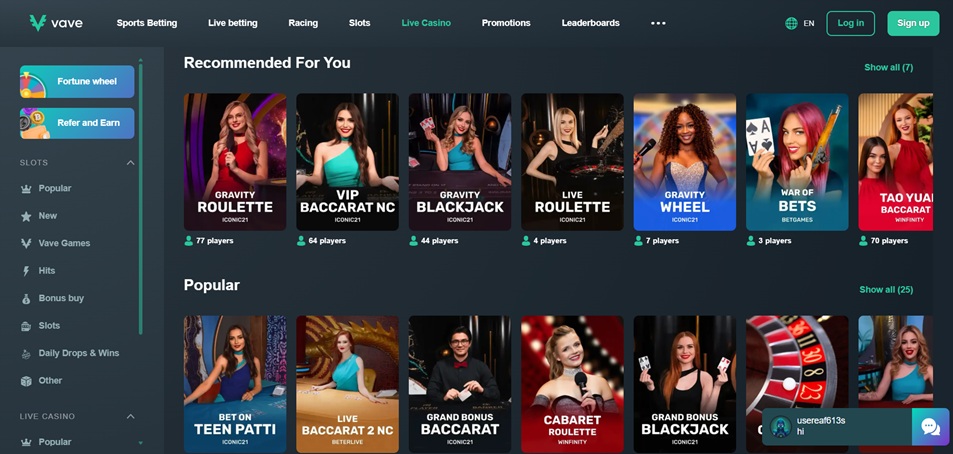 Vave Casino live casino